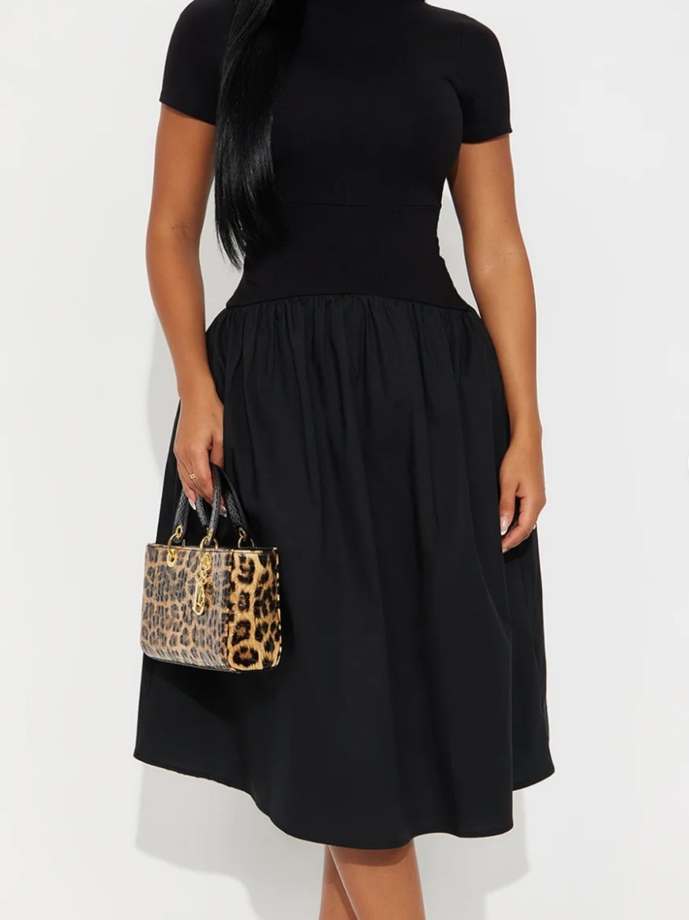 Classic Black Short-Sleeve Midi Dress